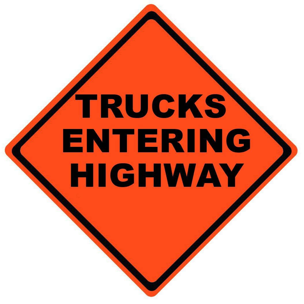 trucks entering highway roll up sign